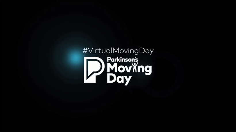 White text on black background that reads "Hashtag Virtual Moving Day" with the Parkinson's Foundation Moving Day logo