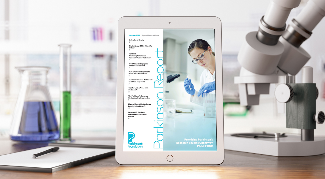 Ipad displaying the Parkinson Report Summer 2022 issue cover