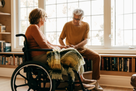 A woman in a wheelchair sits in front of a wall of windows as a man tenderly cares for her
