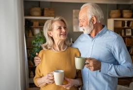 Elderly couple enjoying coffee together at home