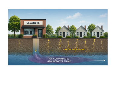 a graphic showing how dry cleaning chemical can impact neighboring houses