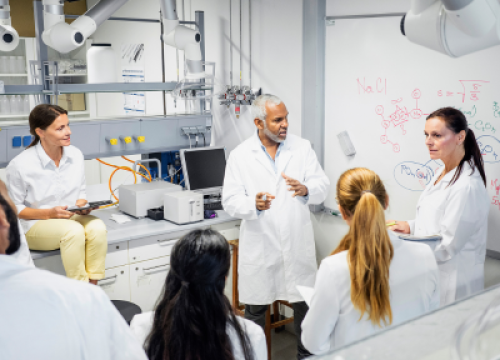 A group of researchers talking in front of white board