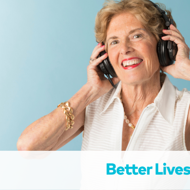 Woman listens to a podcast