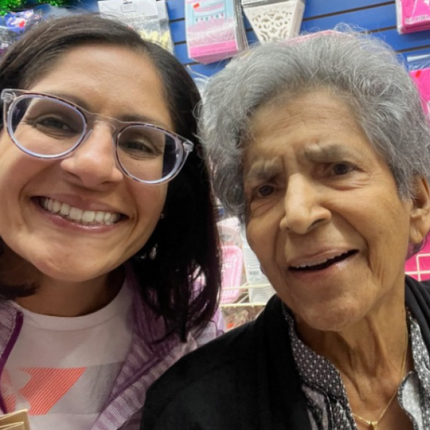 Veera and her mother smiling
