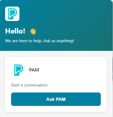 View of the Ask PAM chat tool's entry screen