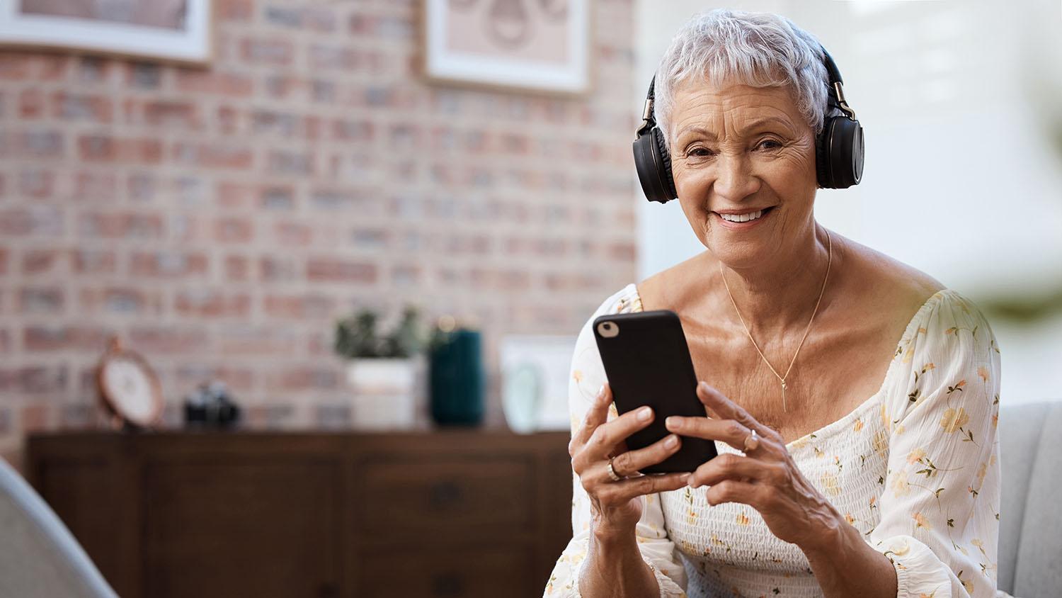 Woman listening to a podcast on her phone