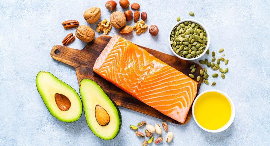 Delicious looking salmon, avocado, nuts and more