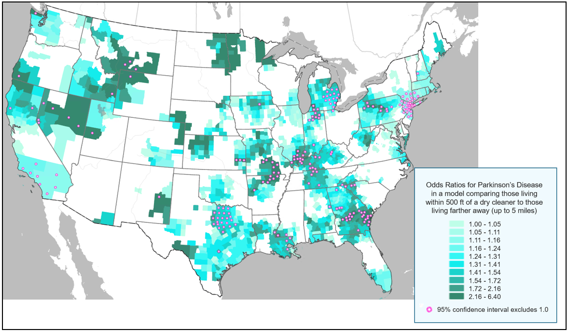 a map showing the correlation between pd diagnosis and living within 500 feet of a dry cleaner